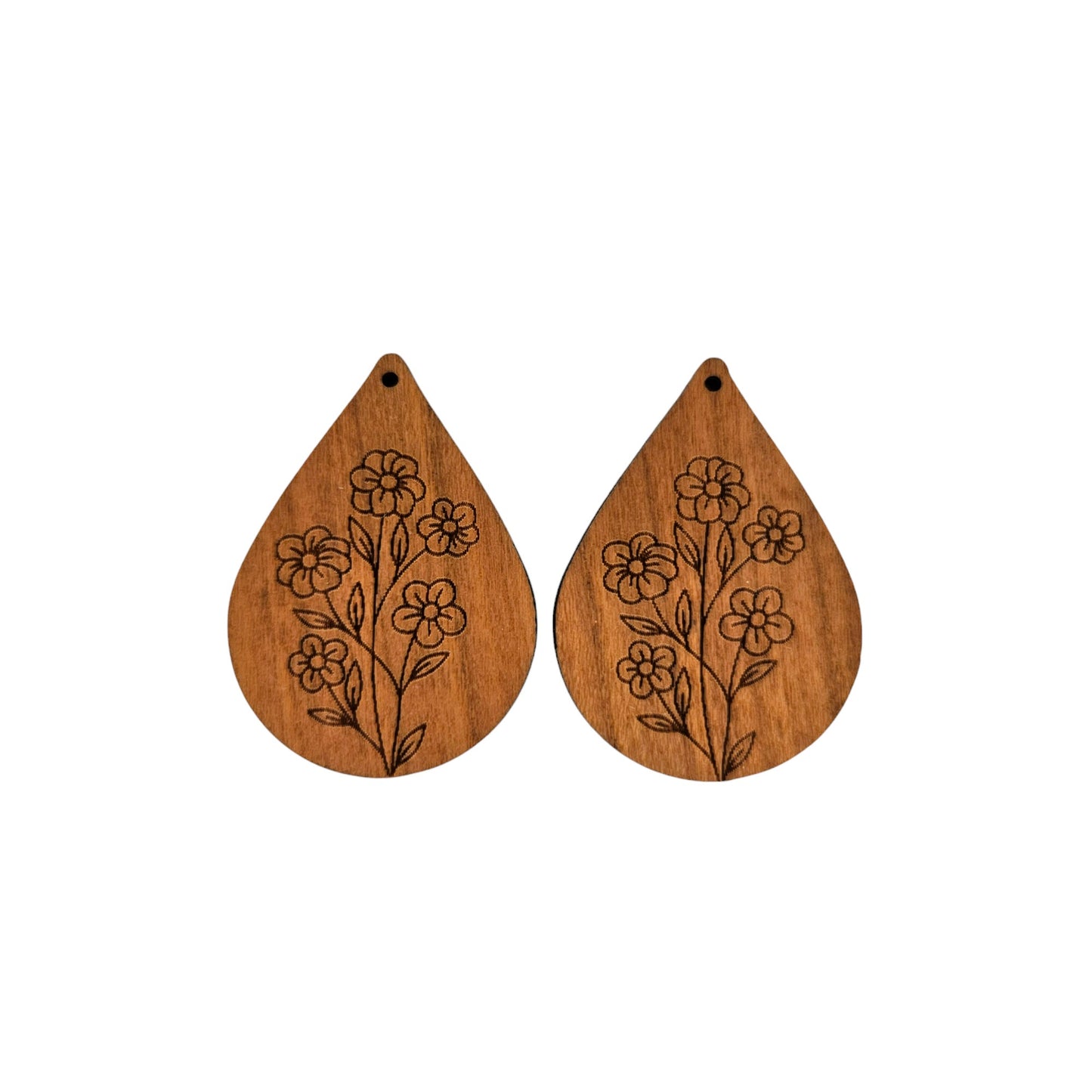 Wood Earrings - Floral 5 Flowers Engraved Teardrop Wood Earrings - Dangle Earrings - Gift