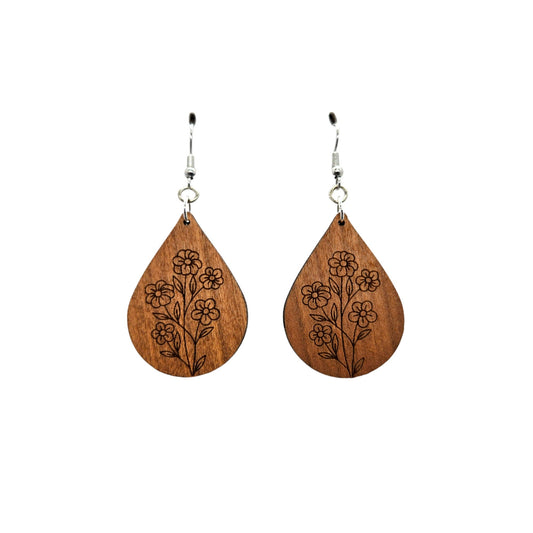 Wholesale Wood Earrings - Floral 5 Flowers Engraved Teardrop Wood Earrings - Dangle Earrings