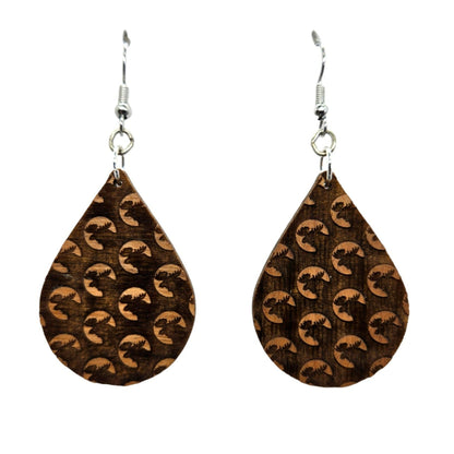 Wholesale Wood Earrings - Moose Head Pattern Engraved Teardrop Wood Earrings - Dangle Earrings - Walking Moose