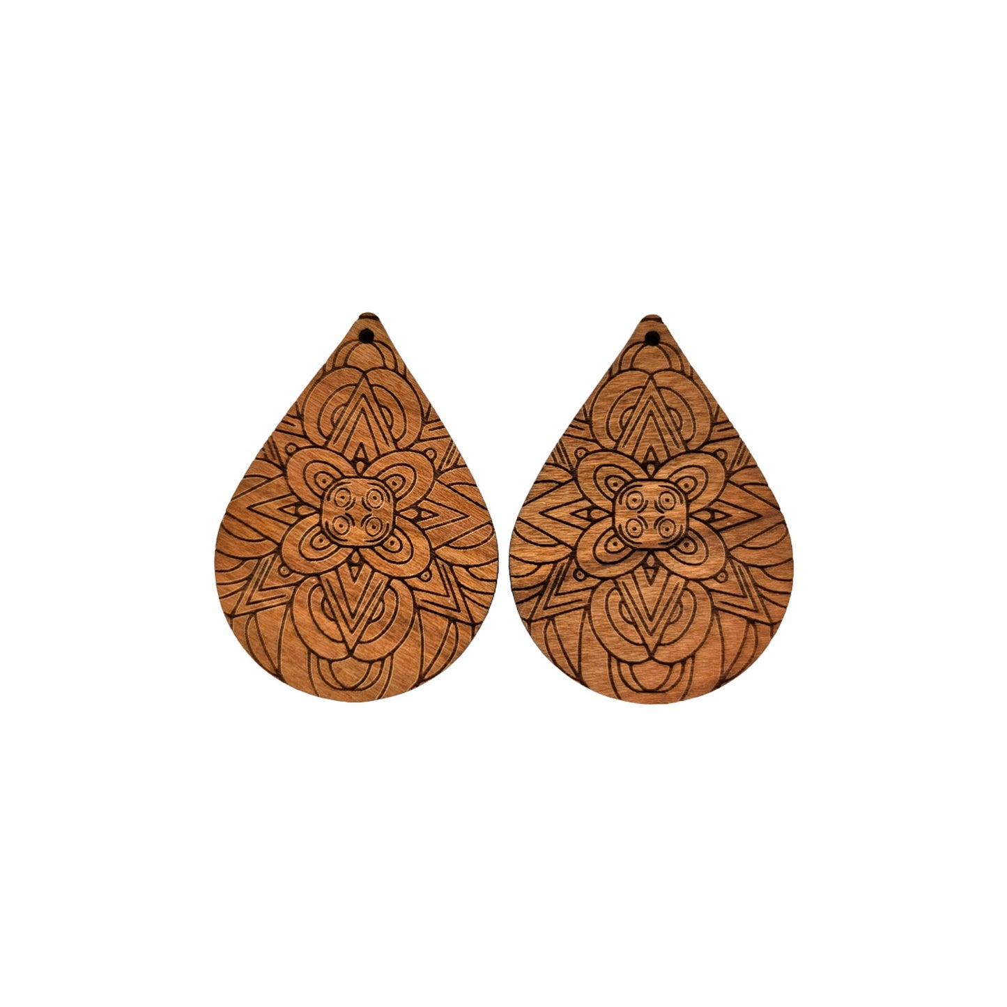 Wood Earrings - Floral Mandala Engraved Teardrop Wood Earrings - Dangle Earrings - Mandala Floral Pattern Gift