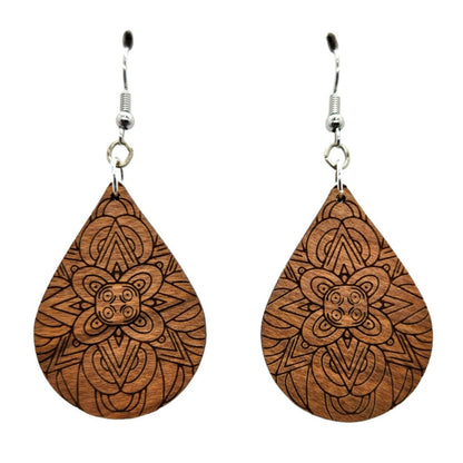 Wholesale Wood Earrings - Floral Mandala Engraved Teardrop Wood Earrings - Dangle Earrings - Mandala Floral Pattern