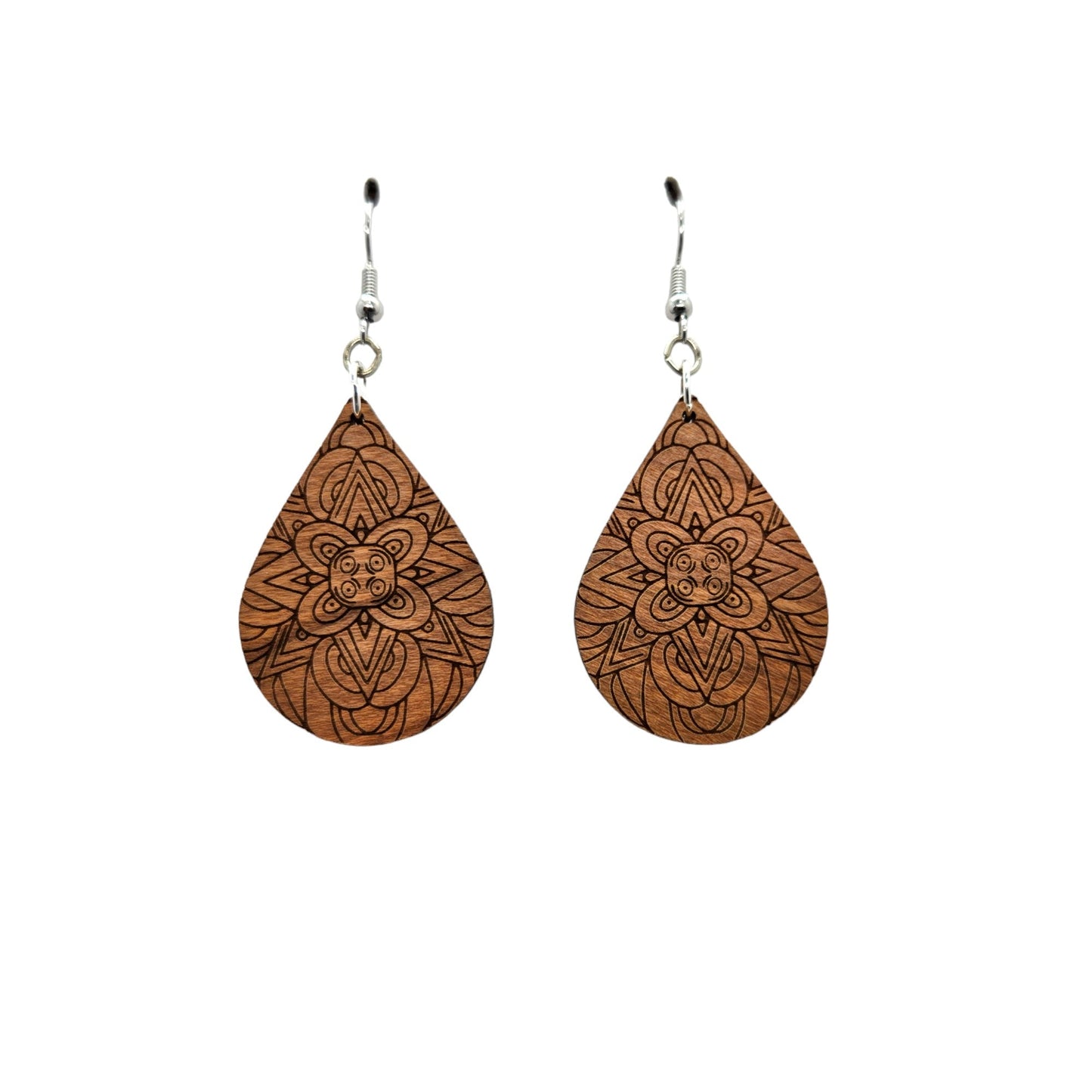 Wholesale Wood Earrings - Floral Mandala Engraved Teardrop Wood Earrings - Dangle Earrings - Mandala Floral Pattern