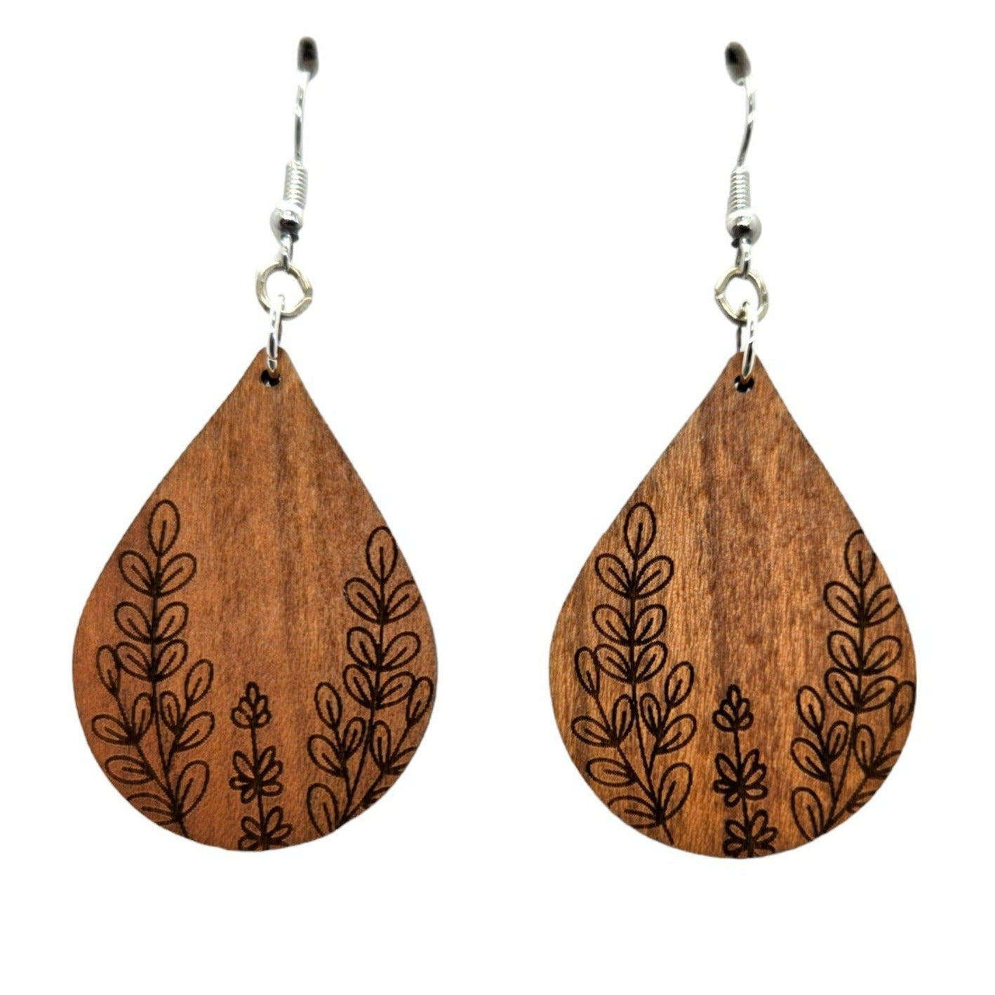 Wholesale Wood Earrings - Floral Leaf Engraved Teardrop Wood Earrings - Dangle Earrings