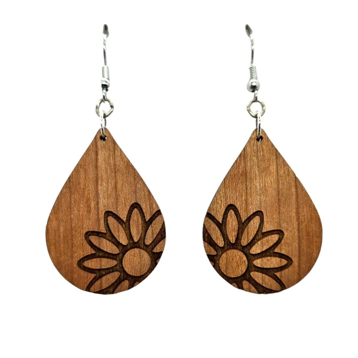 Wholesale Wood Earrings - Floral Big Daisy Engraved Teardrop Wood Earrings - Dangle Earrings