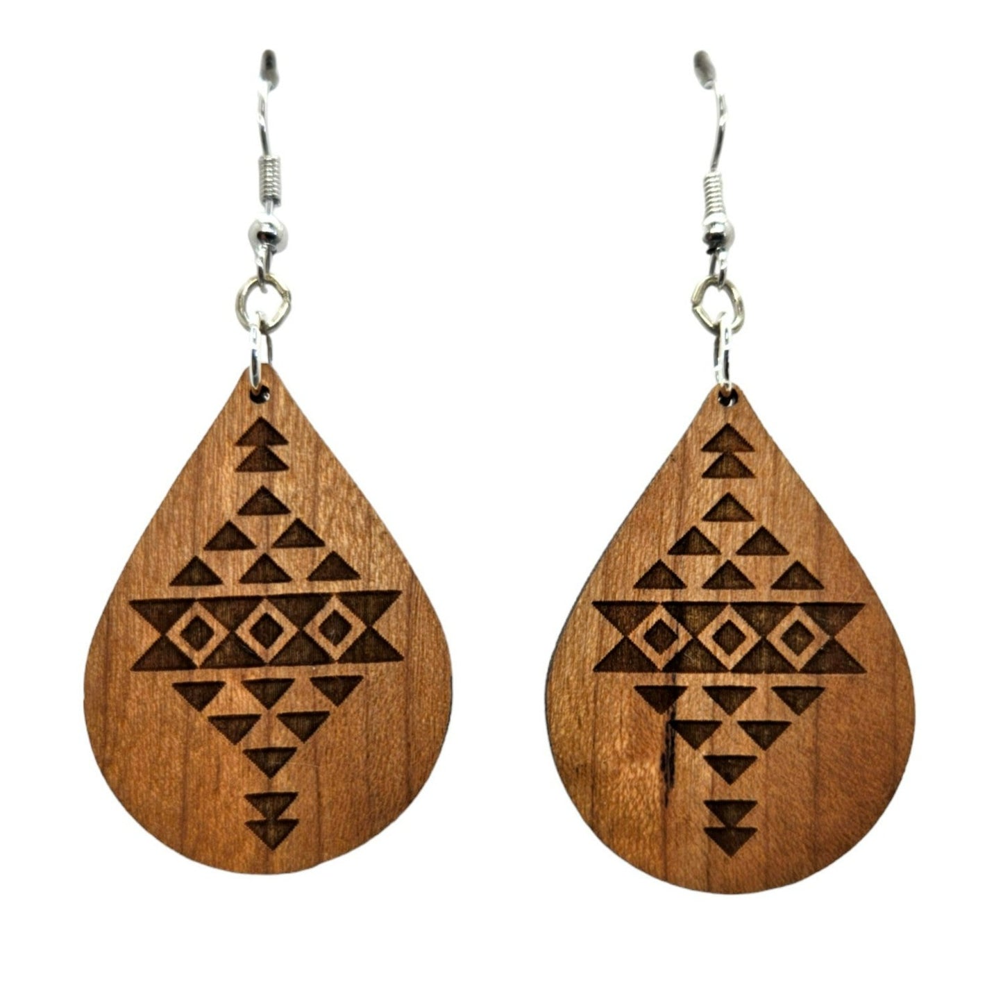 Wood Earrings - Aztec Tribal Boho Lightweight Engraved Teardrop Wood Earrings - Dangle Earrings - Gift - Drop Earrings