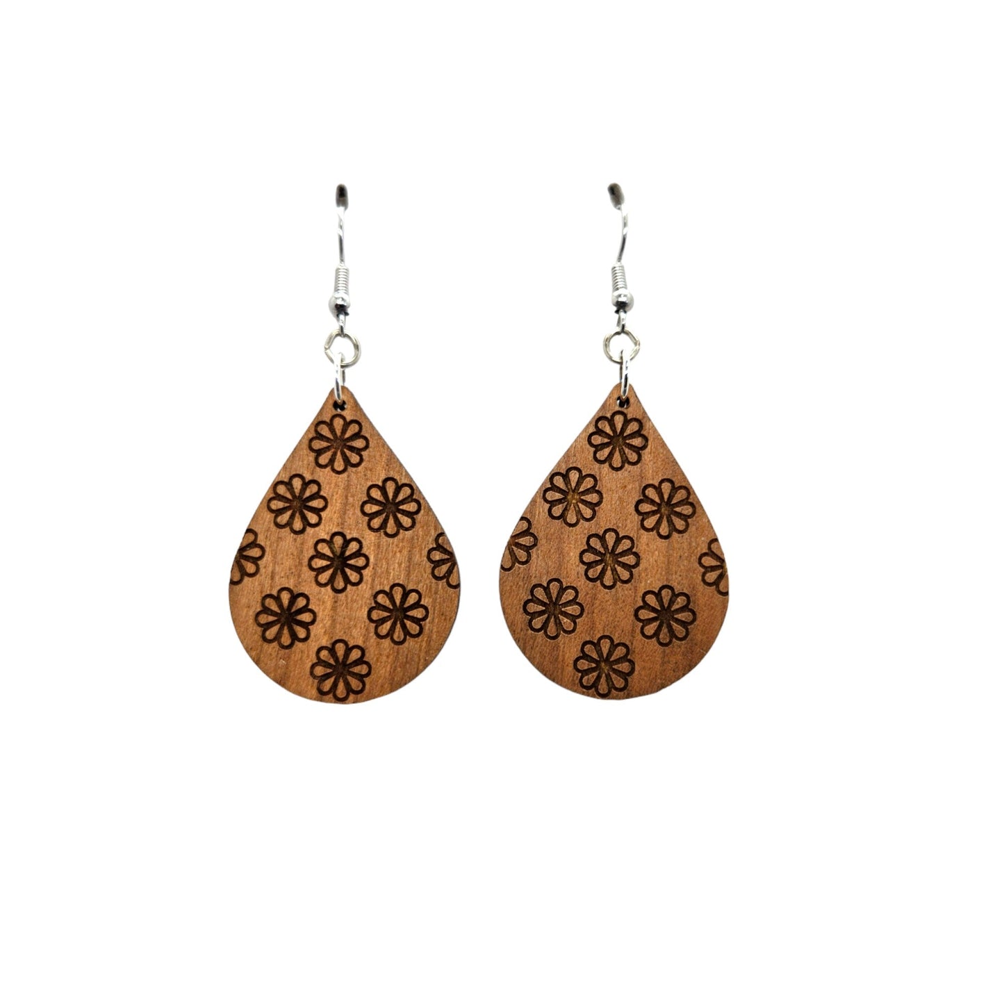 Wholesale Wood Earrings - Floral All Over Print Pattern Engraved Teardrop Wood Earrings - Dangle Earrings