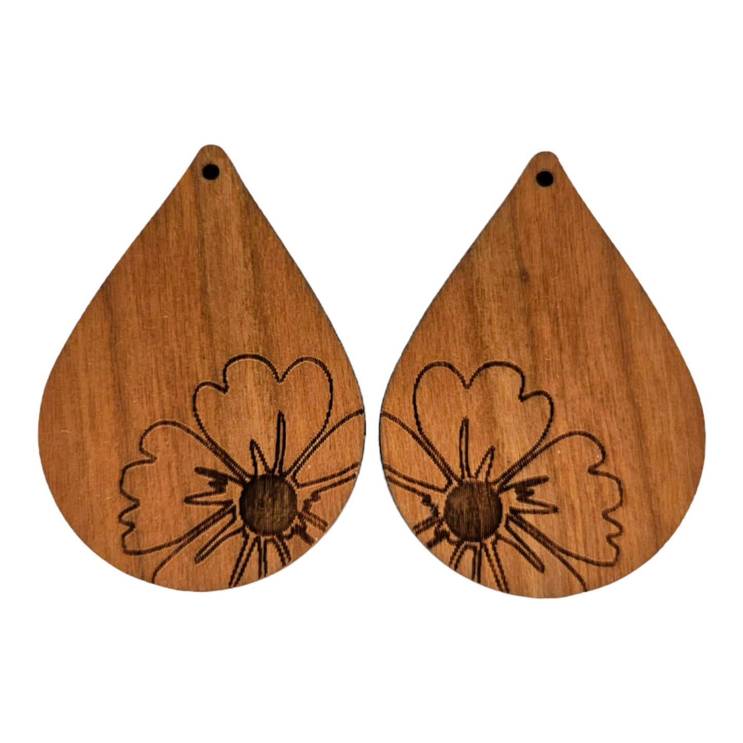 Wholesale Wood Earrings - Flower Floral Engraved Teardrop Wood Earrings - Dangle Earrings