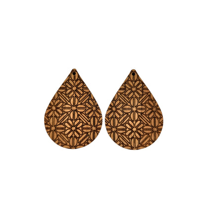 Wholesale Wood Earrings - Abstract Flower Floral Pattern Engraved Teardrop Wood Earrings - Dangle Earrings