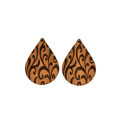 Wholesale Wood Earrings - Abstract Flower Floral Leaves Pattern Engraved Teardrop Wood Earrings - Dangle Earrings