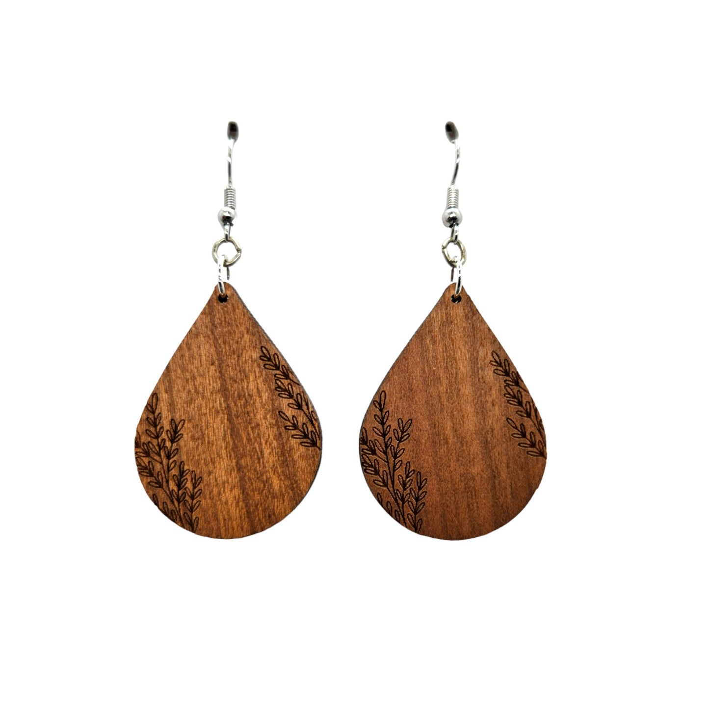 Wood Earrings - Abstract Floral Leaves Stems Pattern Engraved Teardrop Wood Earrings - Dangle Earrings - Gift - Drop Earrings Lightweight