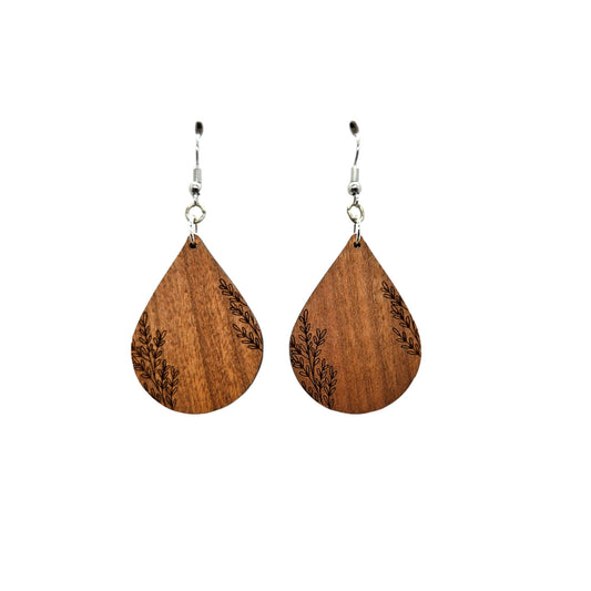 Wholesale Wood Earrings - Abstract Floral Leaves Stems Pattern Engraved Teardrop Wood Earrings - Dangle Earrings