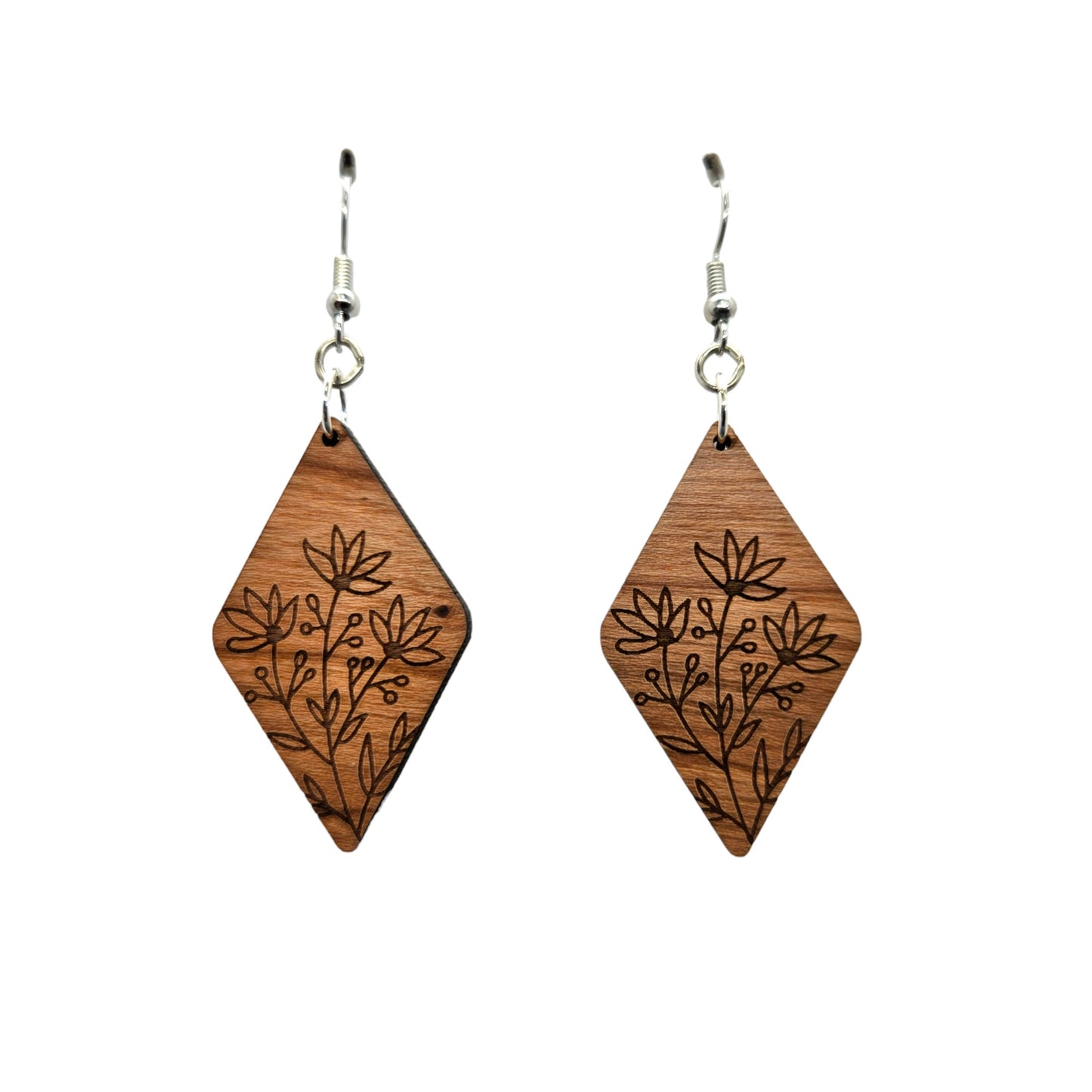 Wood Earrings - Floral Diamond Shape Engraved Wood Drop Earrings - Dangle Earrings - Gift Flowers