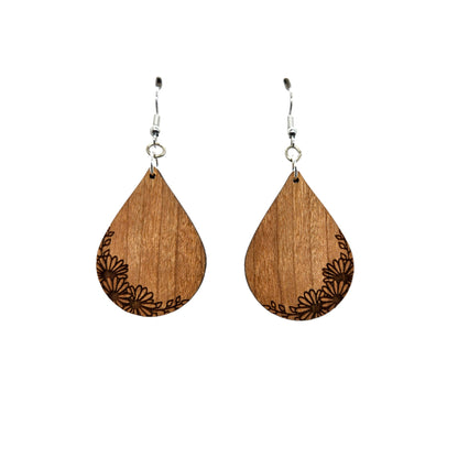 Wood Earrings - Daisies on the Edge Engraved Teardrop Lightweight Earrings - Dangle Earrings Drop Earrings - Gift