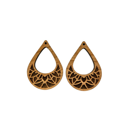 Wholesale Wood Earrings - Cutout Teardrop Floral Engraved Lightweight Earrings - Dangle Earrings