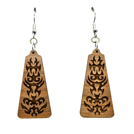 Wood Earrings - Asian or Tribal Engraved Lightweight Earrings Triangle - Dangle Earrings Drop Earrings - Gift