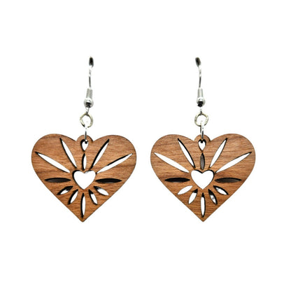 Wood Earrings - Heart Rays Lightweight Earrings Heart Shaped - Dangle Earrings Drop Earrings - Gift