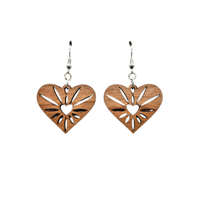 Wood Earrings - Heart Rays Lightweight Earrings Heart Shaped - Dangle Earrings Drop Earrings - Gift