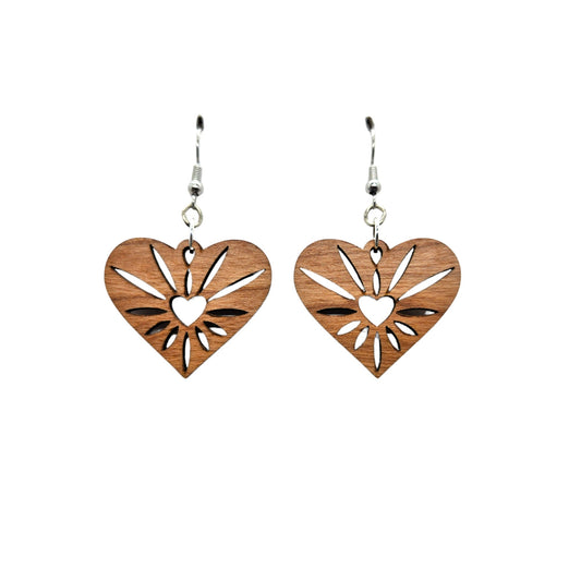 Wholesale Wood Earrings - Heart Rays Lightweight Earrings Heart Shaped - Dangle Earrings