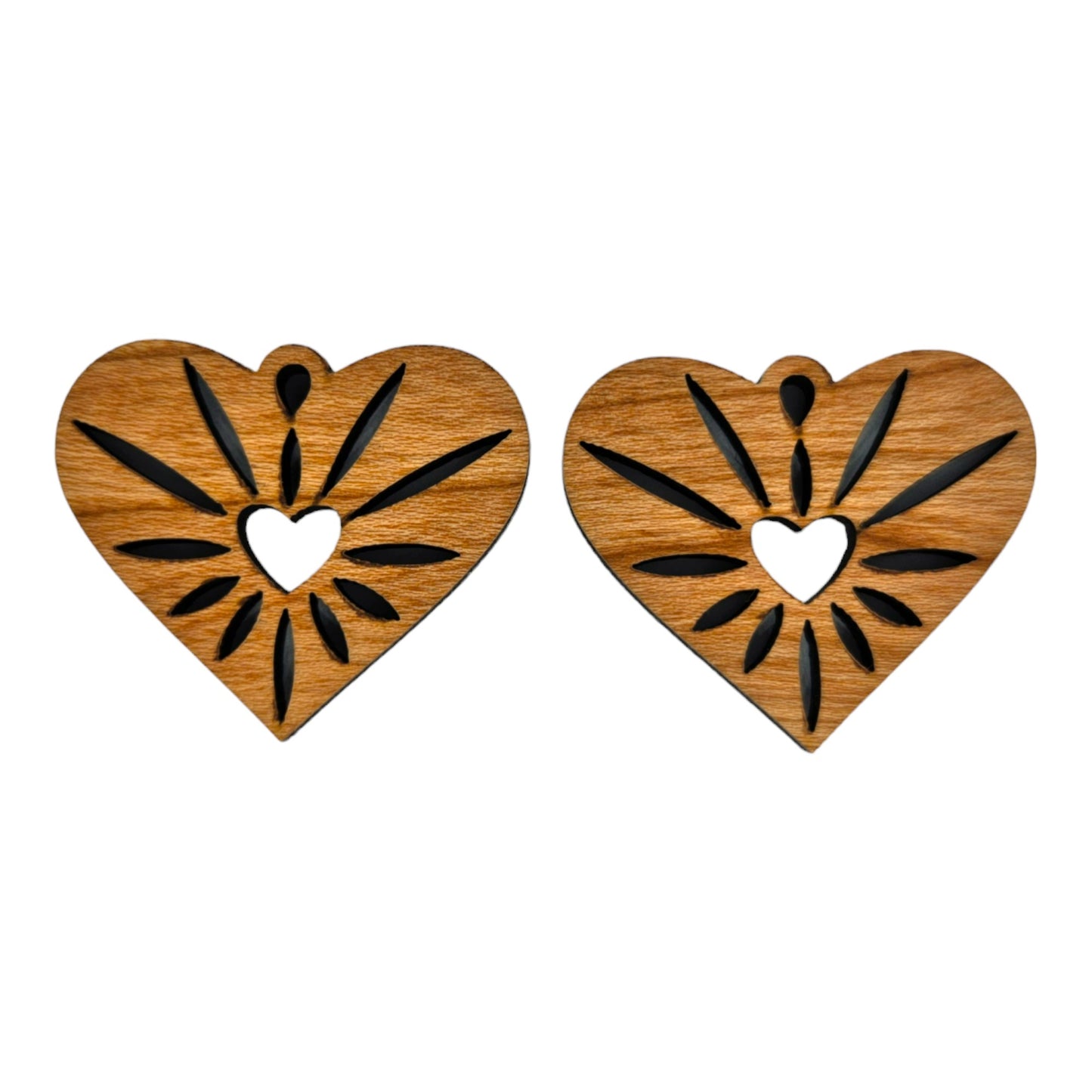 Wood Earrings - Heart Rays Lightweight Earrings Heart Shaped - Dangle Earrings Drop Earrings - Gift