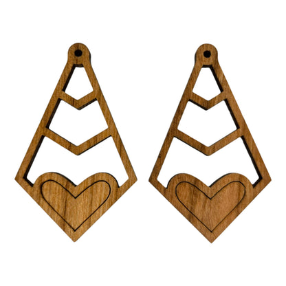 Wholesale Wood Earrings - Diamond Shape with Heart Lightweight Earrings - Dangle Earrings Drop