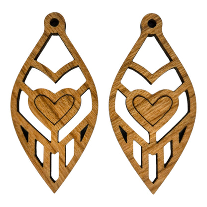 Wholesale Wood Earrings - Oval Feather Shape with Heart Lightweight Earrings - Dangle Earrings Drop