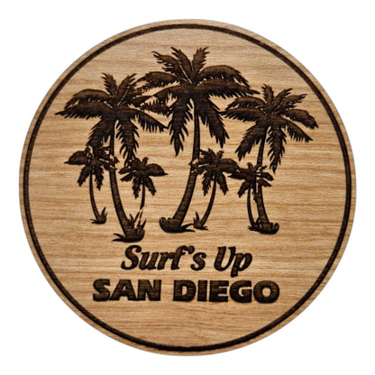 San Diego CA Surfs Up Palm Trees Wood Magnet Souvenir