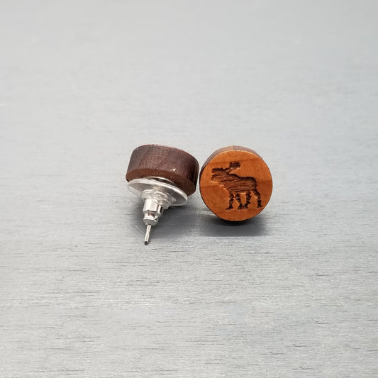 Moose Earrings - Wood Earrings - Wood Stud Earrings - Circle Post Earrings