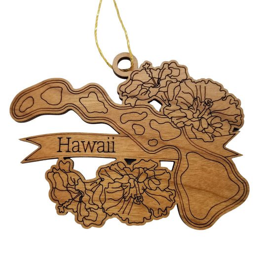 Wholesale Hawaii Wood Ornament -  HI State Shape with State Flowers Hibiscus - Handmade Wood Souvenir