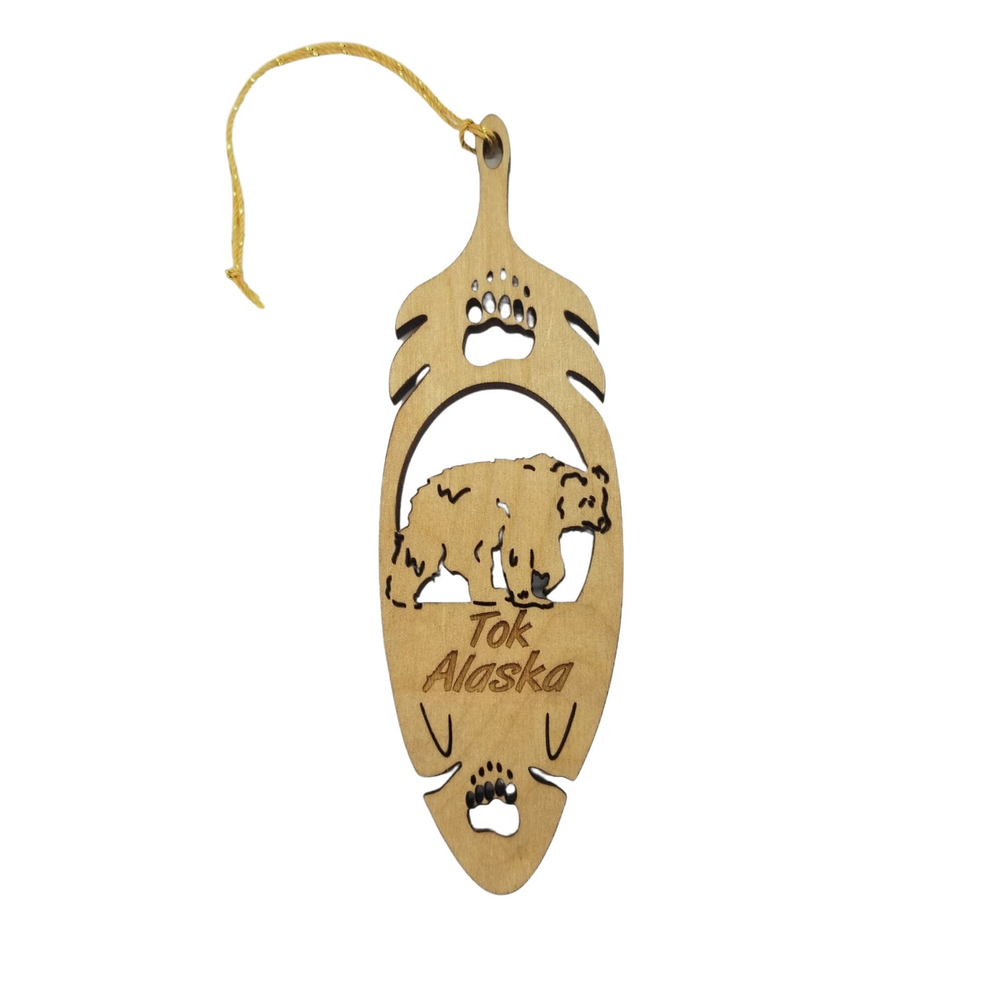 Tok Alaska Bear Christmas Ornament Wood Laser Cut Handmade in USA Souvenir Memento Feather  5.375" Travel Gift Leaf