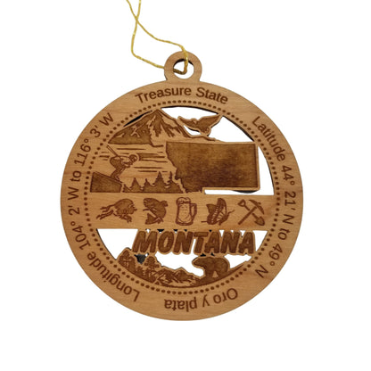 Montana Wood Ornament - MT Souvenir - Handmade Wood Ornament Made in USA State Shape Downhill Skier Trees Eagle Mountains Mining Tools