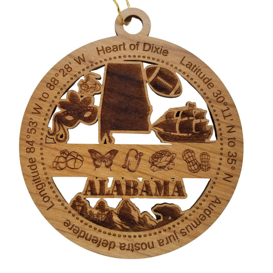 Alabama Wood Ornament -  AL Souvenir  - Handmade Wood Ornament Made in USA State Shape Mardi Gras Mask Football Peanuts Music