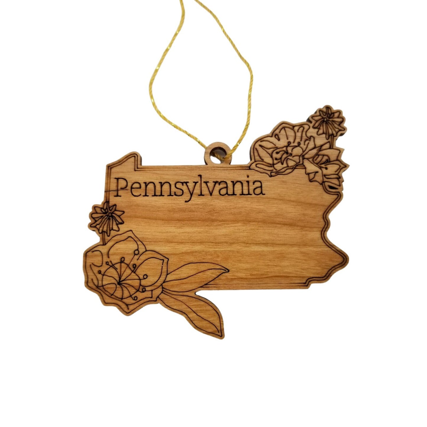 Wholesale Pennsylvania Wood Ornament -  State Shape with State Flowers Mountain Laurels PA - Handmade Wood Souvenir