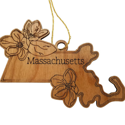 Wholesale Massachusetts Wood Ornament -  MA State Shape with State Flowers The Mayflower - Handmade Wood Souvenir