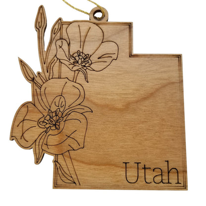 Wholesale Utah Wood Ornament -  UT State Shape with State Flowers Sego Lily - Handmade Wood Souvenir