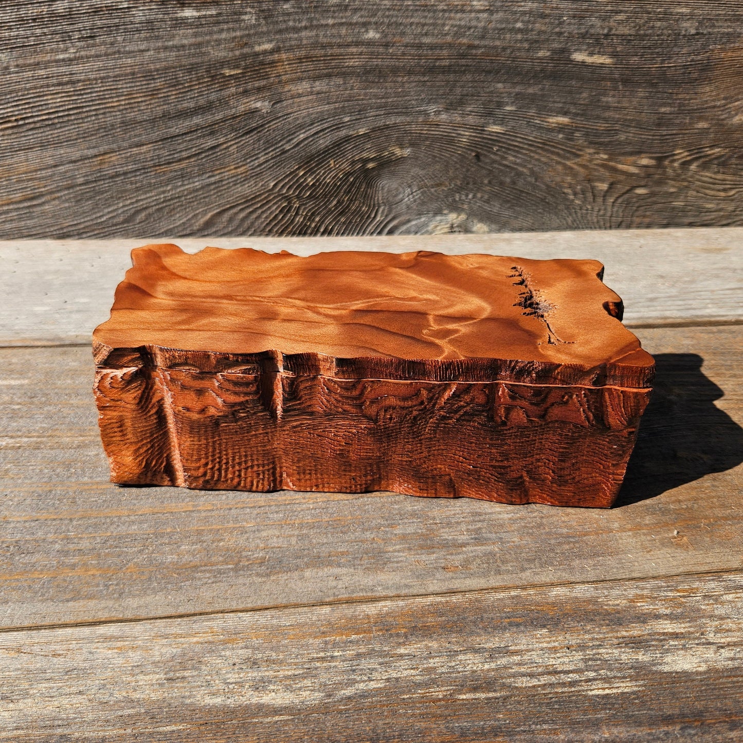 Handmade Wood Box with Redwood Tree Engraved Rustic Handmade Curly Wood #597 California Redwood Jewelry Box Storage Box