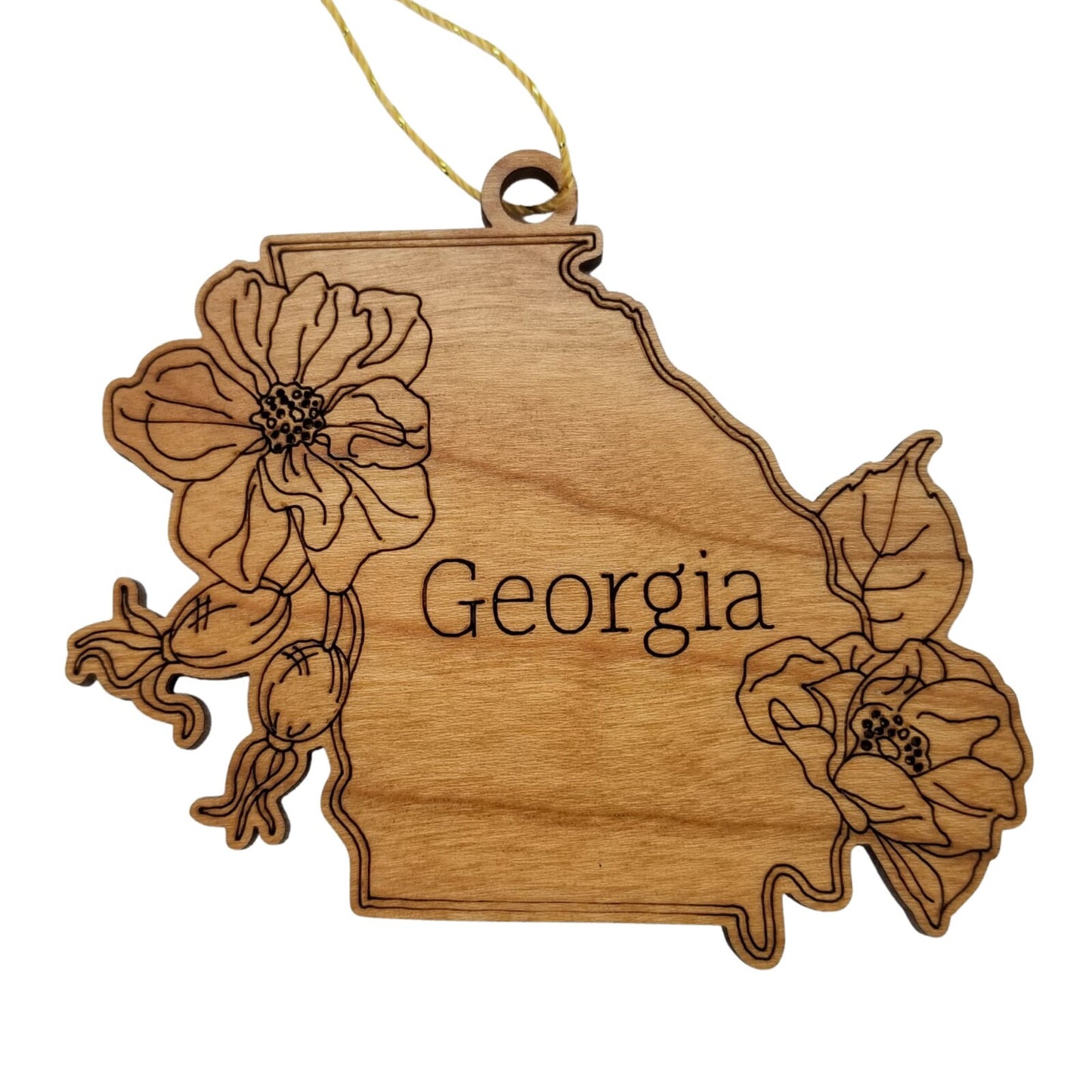 Wholesale Georgia Wood Ornament -  GA State Shape with State Flowers Cherokee Rose - Handmade Wood Souvenir