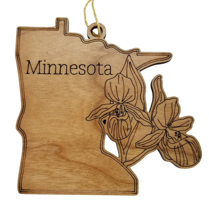 Wholesale Minnesota Wood Ornament -  State Shape with State Flowers Showy Ladys Slippers MN - Handmade Wood Souvenir