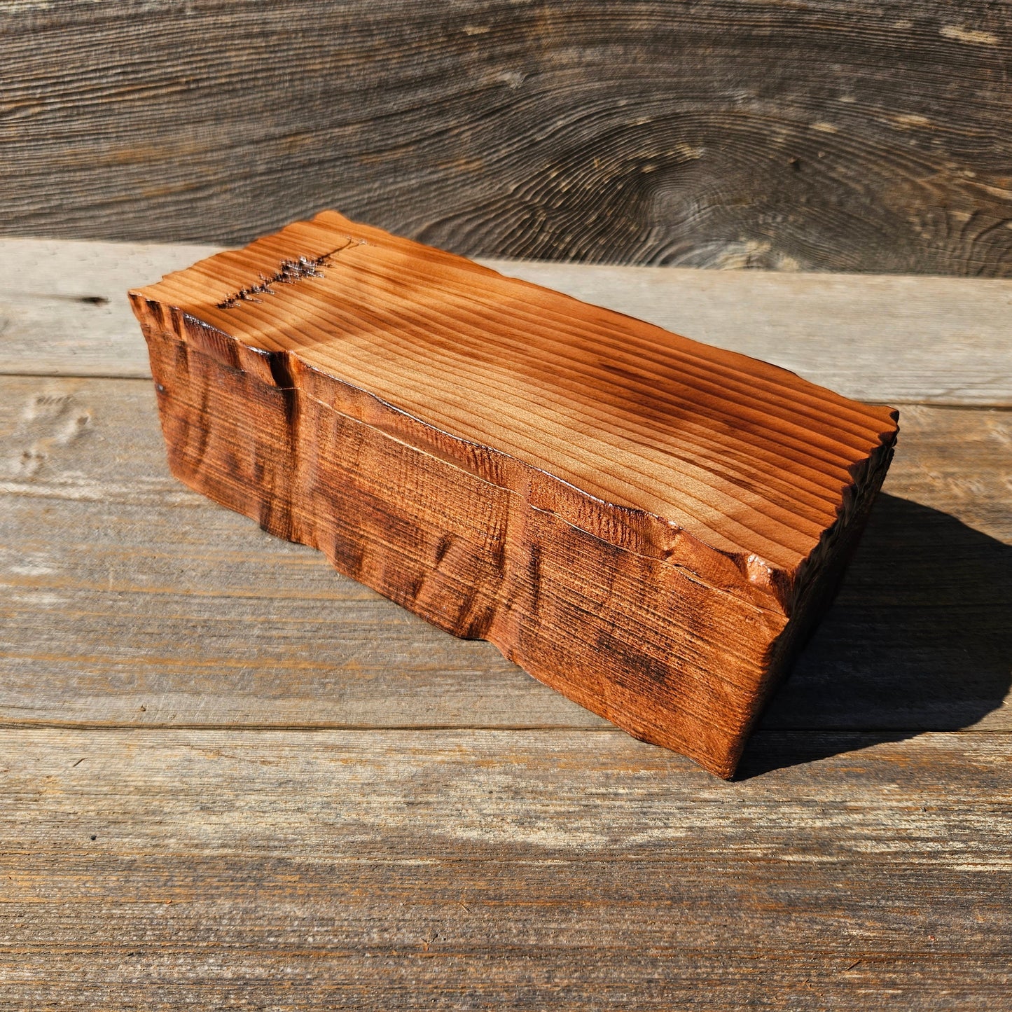 Handmade Wood Box with Redwood Tree Engraved Rustic Handmade Curly Wood #595 California Redwood Jewelry Box Storage Box