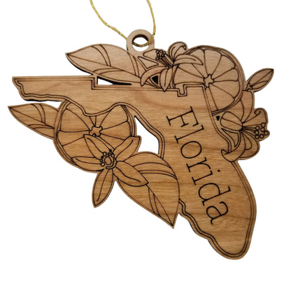 Wholesale Florida Wood Ornament -  FL State Shape with State Flowers Orange Blossoms - Handmade Wood Souvenir