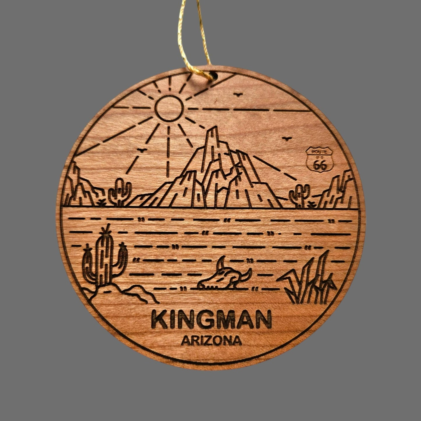 Arizona Ornament - Kingman AZ - Handmade Wood Ornament Made in USA Christmas Decor Cactus Skull Sun Route 66