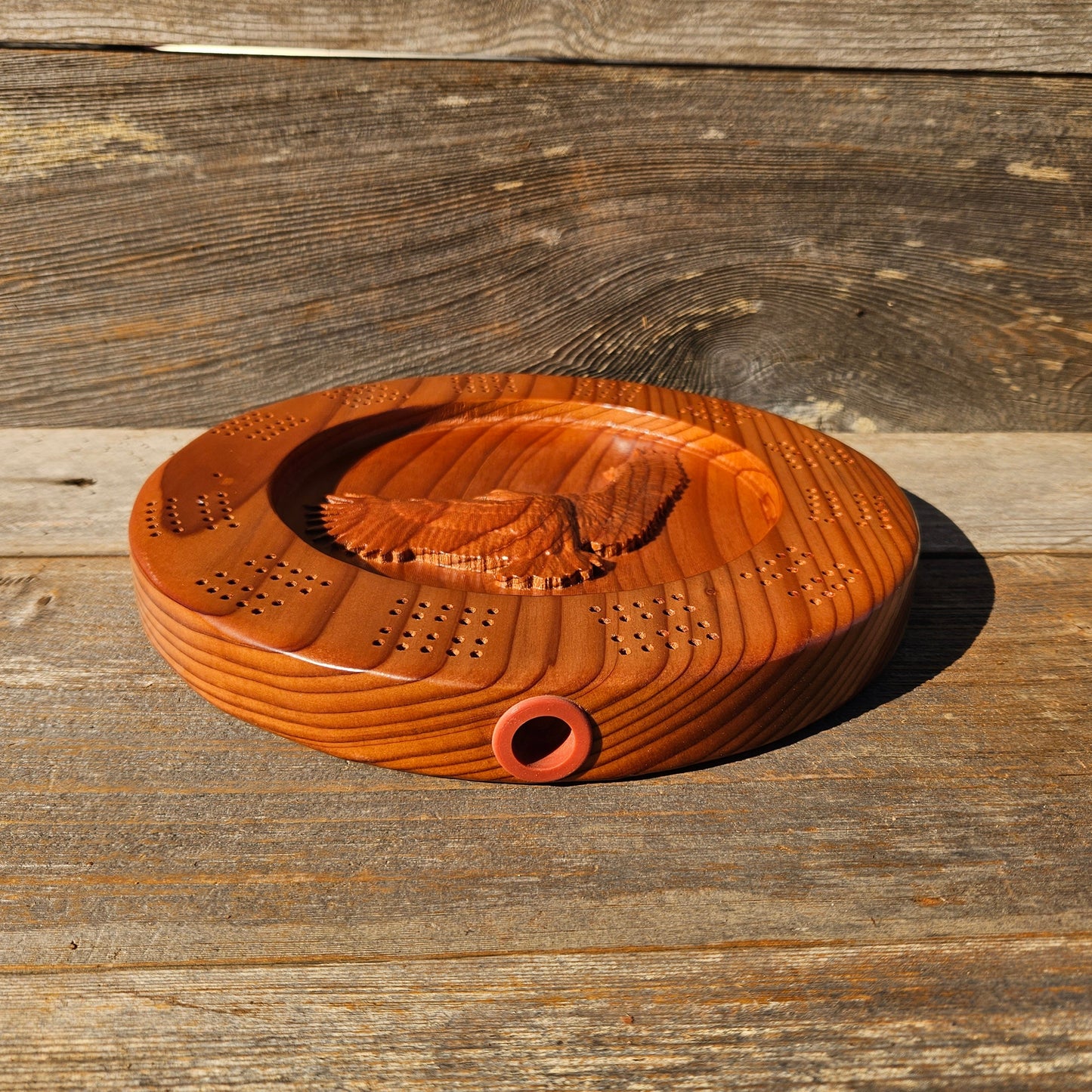 Redwood Round Wood Cribbage Board Carved Eagle Handmade 2 Player USA Card Game California Souvenir #657