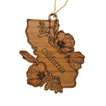 California Wood Ornament -  State Shape with State Flowers Poppies CA - Handmade Wood Ornament Made in USA Christmas Decor