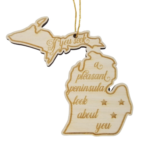 Wholesale Michigan Wood Ornament -  MI State Shape with State Motto Souvenir