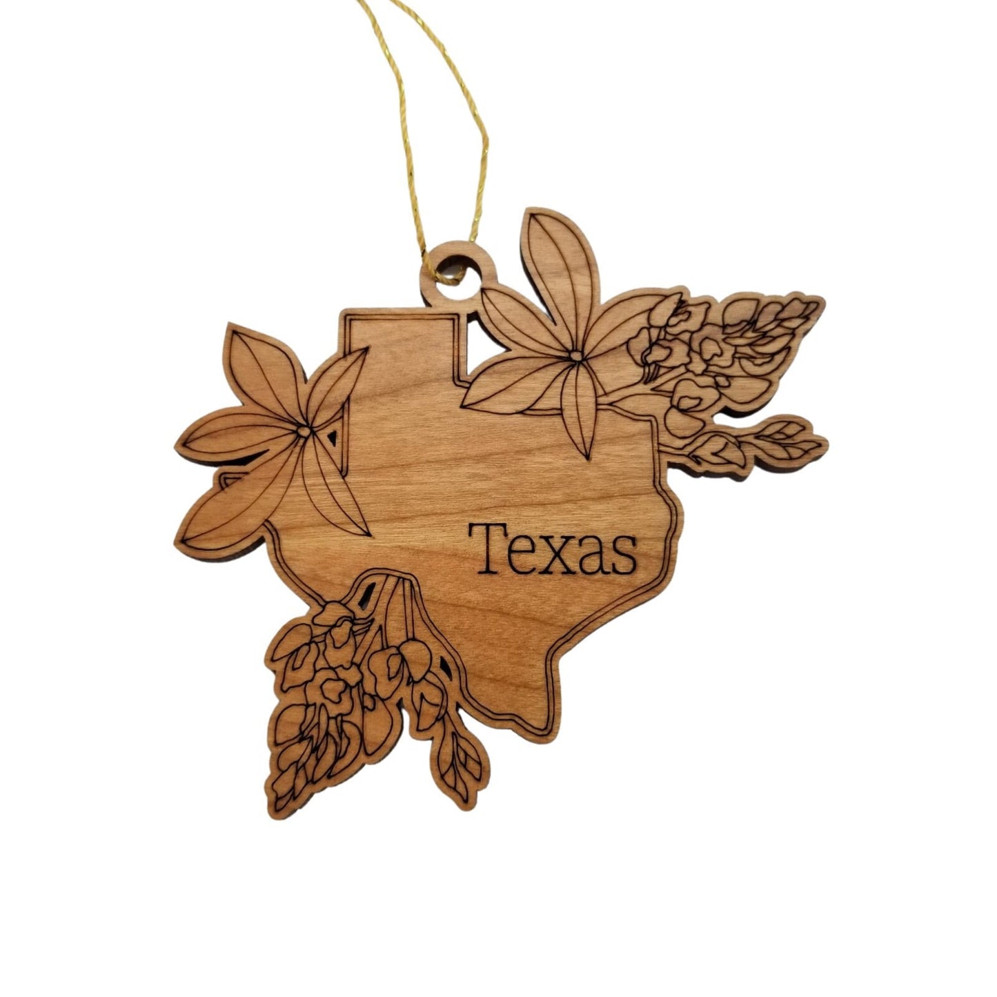 Wholesale Texas Wood Ornament -  TX State Shape with State Flowers Bluebonnets - Handmade Wood Souvenir