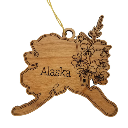 Alaska Wood Ornament -  AK State Shape with State Flowers Forget Me Nots - Handmade Wood Ornament Made in USA Christmas Decor