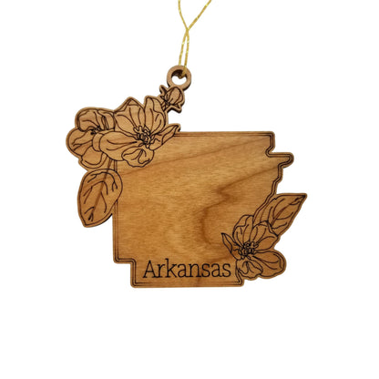 Wholesale Arkansas Wood Ornament -  AR State Shape with State Flowers Apple Blossoms - Handmade Wood Souvenir