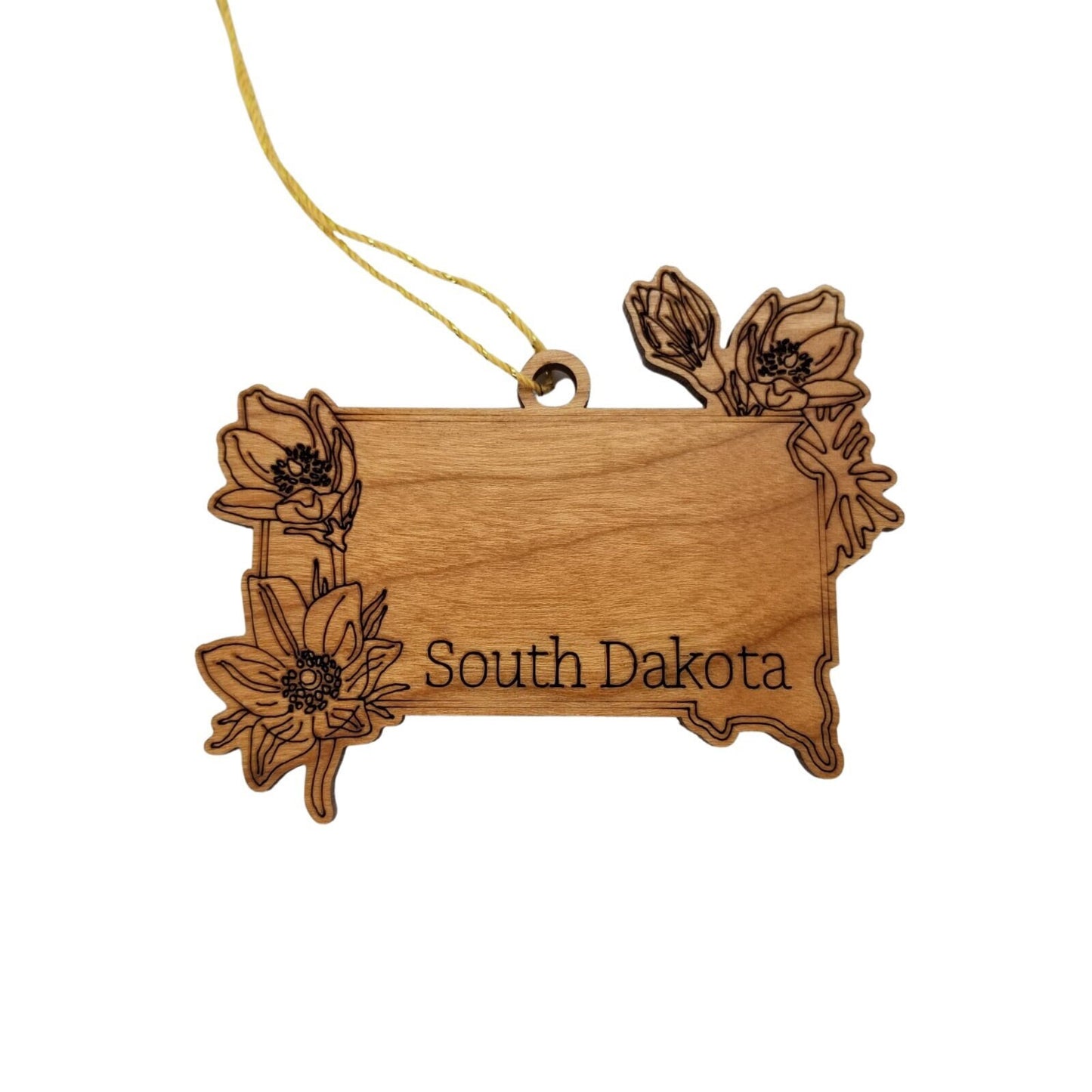 South Dakota Wood Ornament -  SD State Shape with State Flowers American Pasque - Handmade Wood Ornament Made in USA Christmas Decor