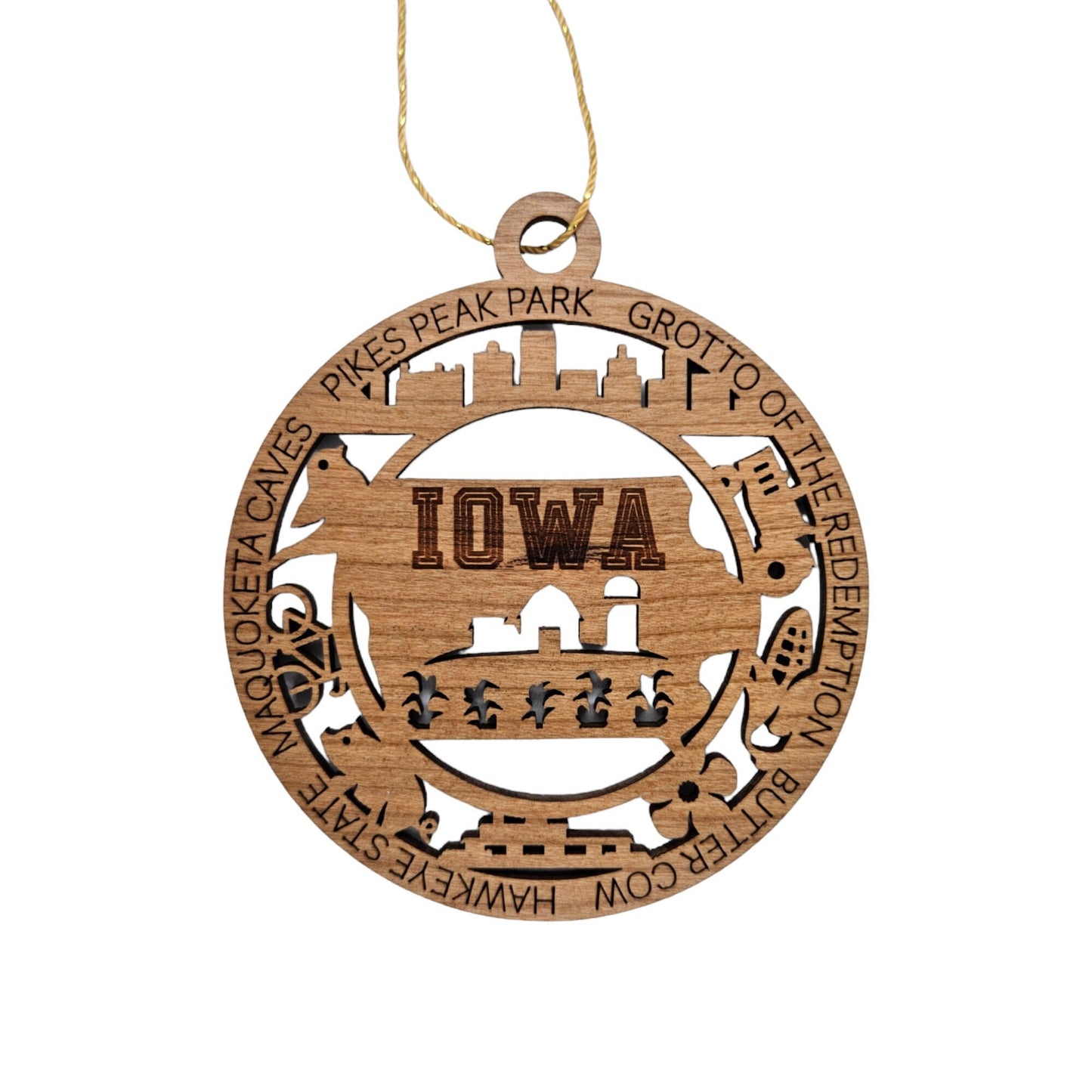 Iowa Wood Ornament - IA Souvenir Handmade Wood Ornament Made in USA - State Shape - Skyline - Gold Finch - Bicycle - Pig - Ferry