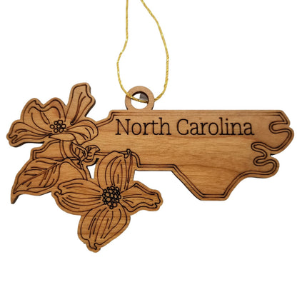 Wholesale North Carolina Wood Ornament -  State Shape with State Flowers Flowering Dogwoods NC - Handmade Wood Souvenir