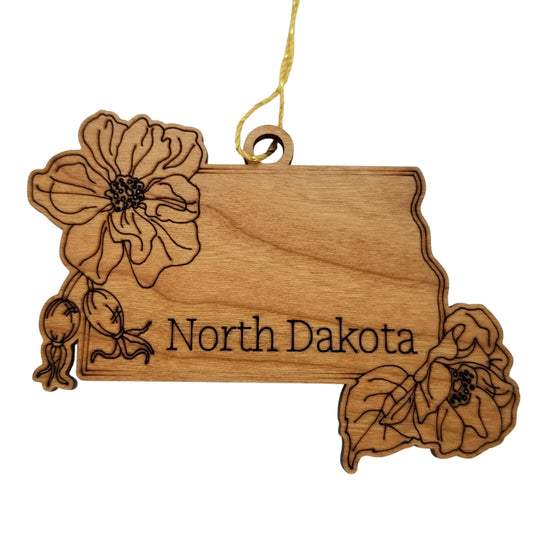 North Dakota Wood Ornament -  State Shape with State Flowers Prairie Rose ND - Handmade Wood Ornament Made in USA Christmas Decor